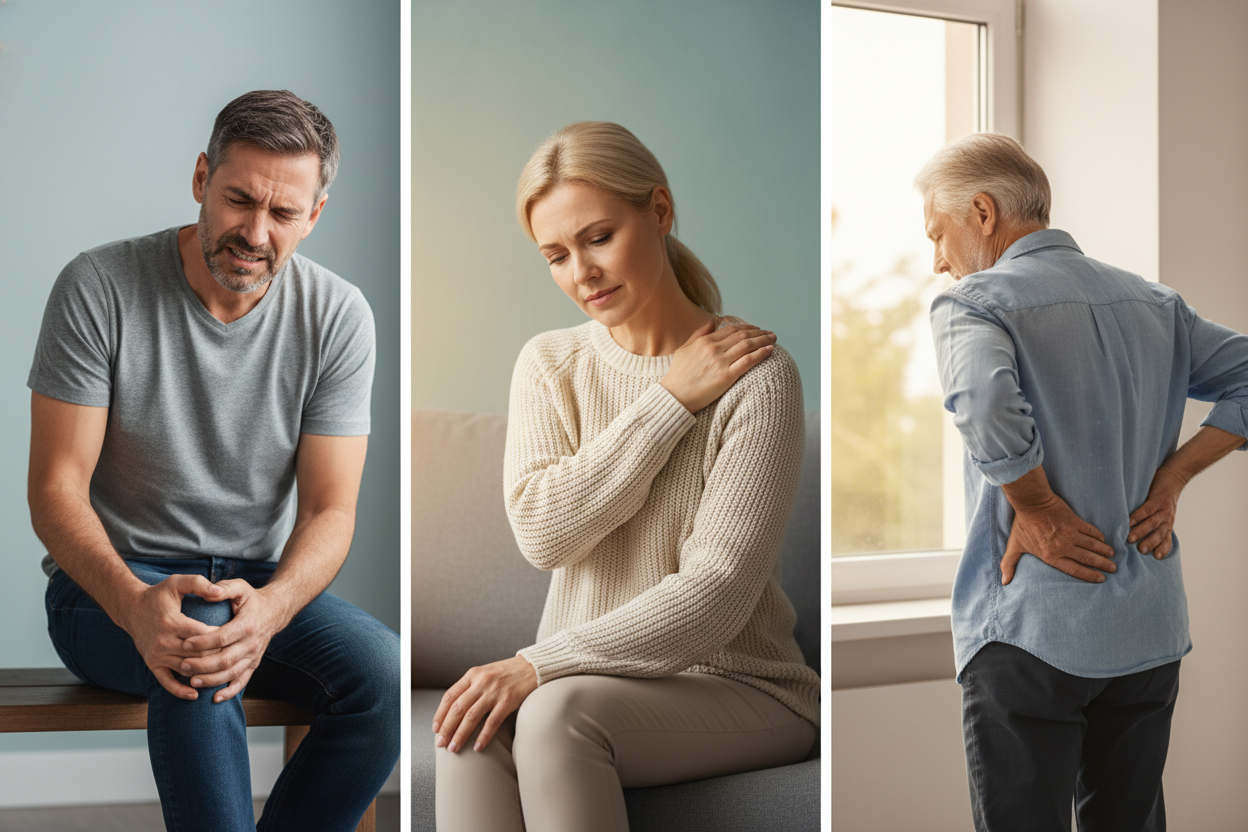 3 collage image in which each gender having join pains and we are try to focus the audience to our pain relief oil